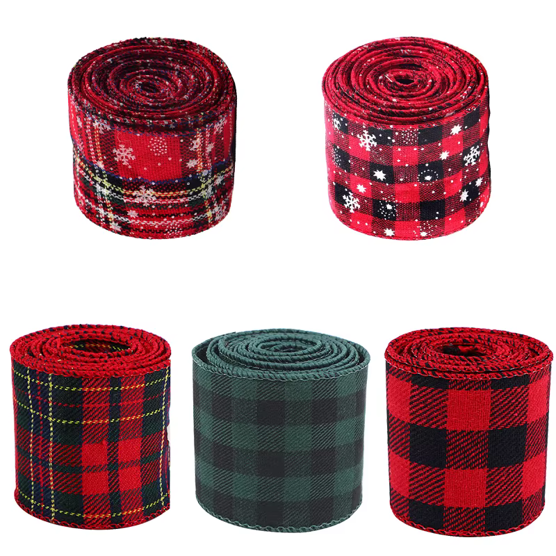 5x600cm/roll Christmas Plaid Imitation Hemp Ribbon Snowflake Burlap Ribbon for Christmas Wrapping Xmas Tree Wreath Ribbons Decor
