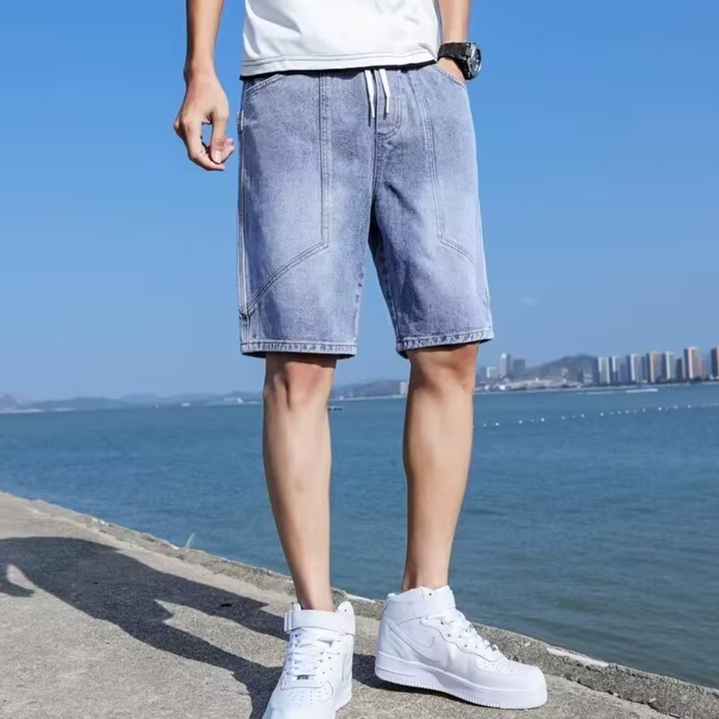Trend In Men Casual waist Banding Washing Denim shorts Big Pocket string 5-part blue pants HP0299