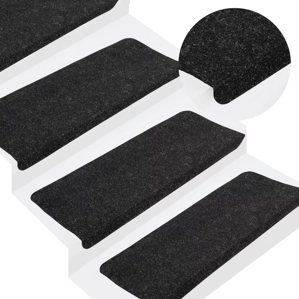15 Pcs Self-Adhesive Anthracite Stair Mats 65x24.5x3.5 cm Non-Slip Carpet Treads for