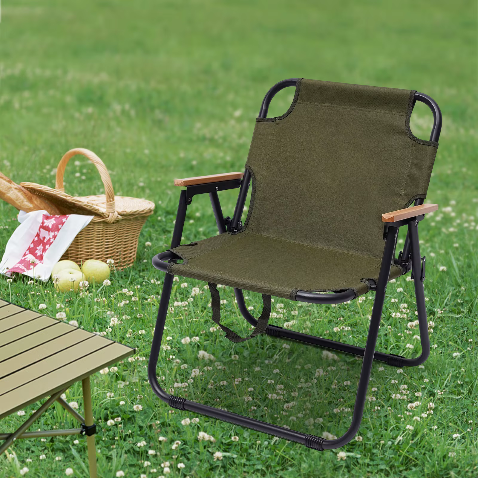 Outdoor Iron Portable Folding Camping Chair,Portable Collapsible Fishing Chair with Solid Wood Armrest for Outdoor Hiking、Picnic