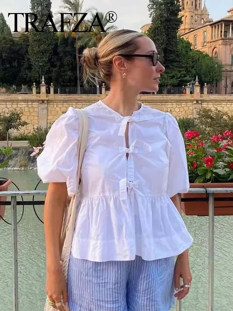 TRAFZA Fashion Solid Hollow Out Shirt Women Causal O Neck Short Sleeved Lace Up Tops Chic Female Casual Blouse Streetwear 2024