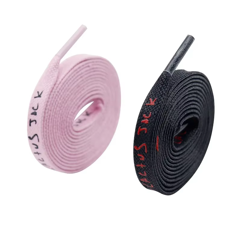Trendy Brand Adorable Black Pink Shoe Laces 8mm Flat Printing Cactus Jack Wax Cotton Shoelaces for Canvas Shoes Leisure Sneakers