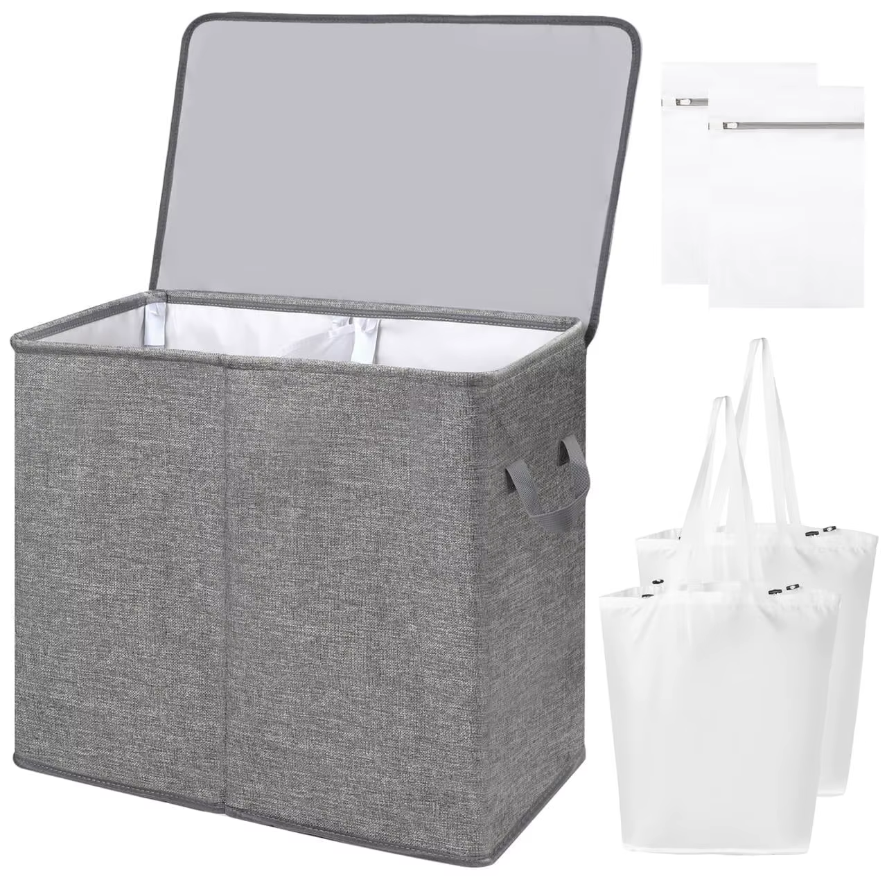 Double Laundry Hamper with Lid and Removable Laundry Bags Large Collapsible 2 Dividers Dirty Clothes Basket with Handles
