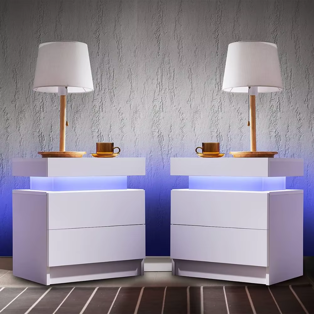 Nightstand Set of 2 LED Nightstand with 2 Drawers, Bedside Table with Drawers for Bedroom Furniture, Side Bed Table
