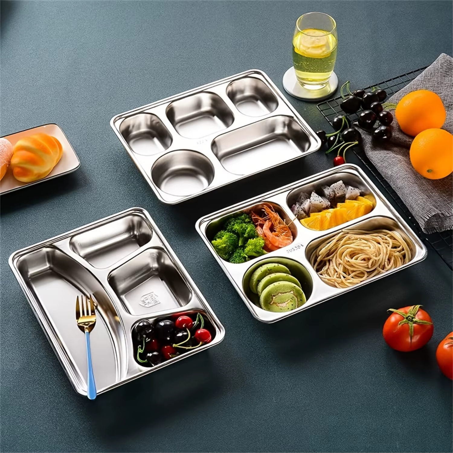 Stainless Steel Deep Dinner Plate - Square 5-Compartment Fast Food Tray For Adults & Students, Thickened Serving  For Cafeteria