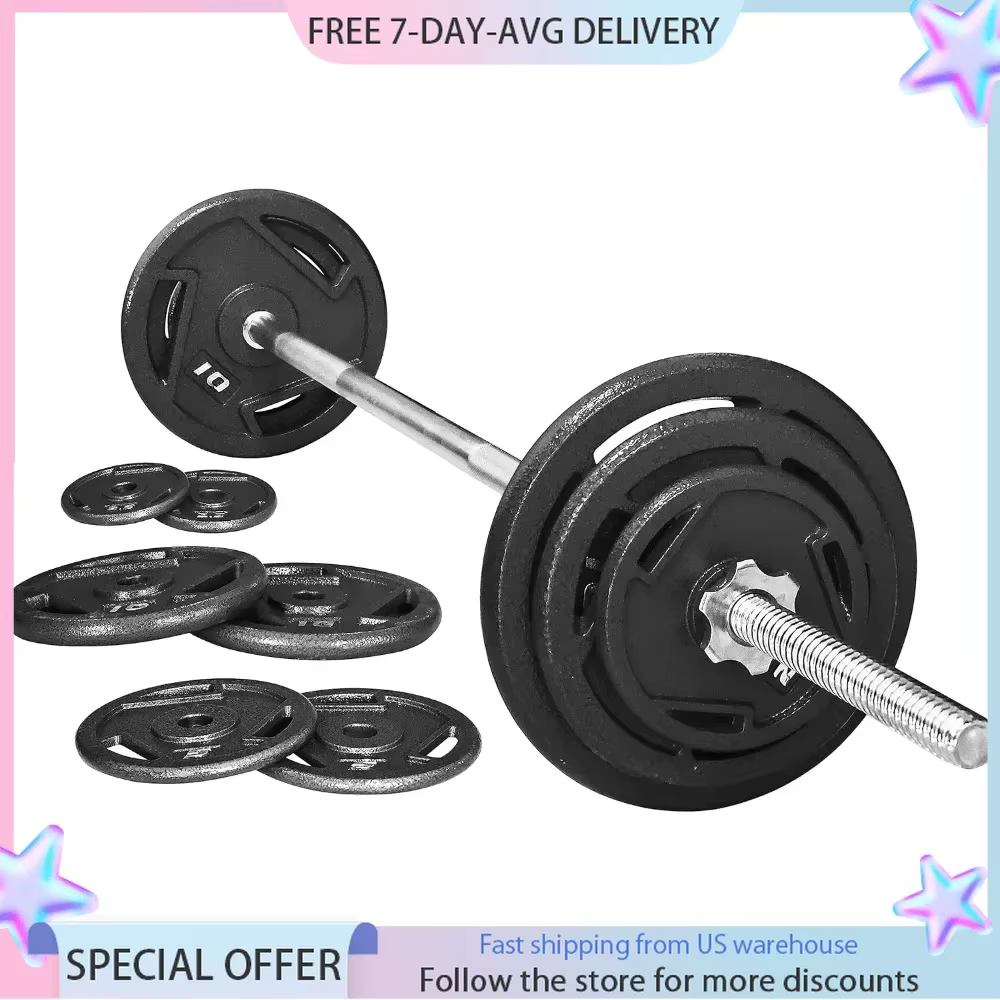 Barbell, Standard Weight Plates Including Plates are made of solid cast iron 5FT Standard Barbell with Star Locks Set, Barbell