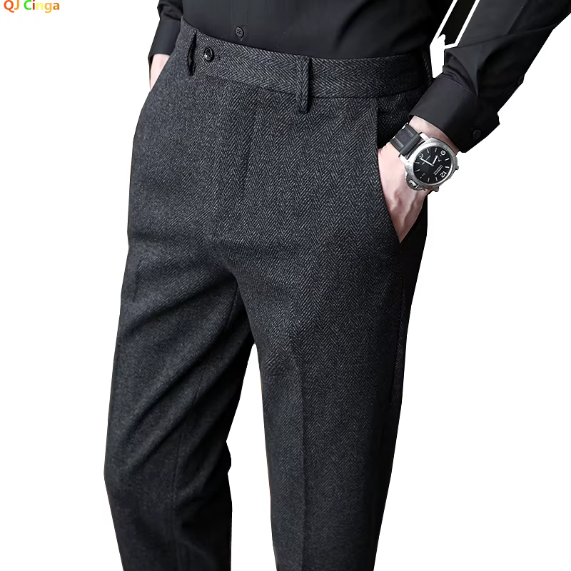 QJ CINGA New Grey Men's Woolen Pants, Autumn/Winter Thick Trousers Men, Slim Business Pantalones Hombre Fashion Slacks 28-36