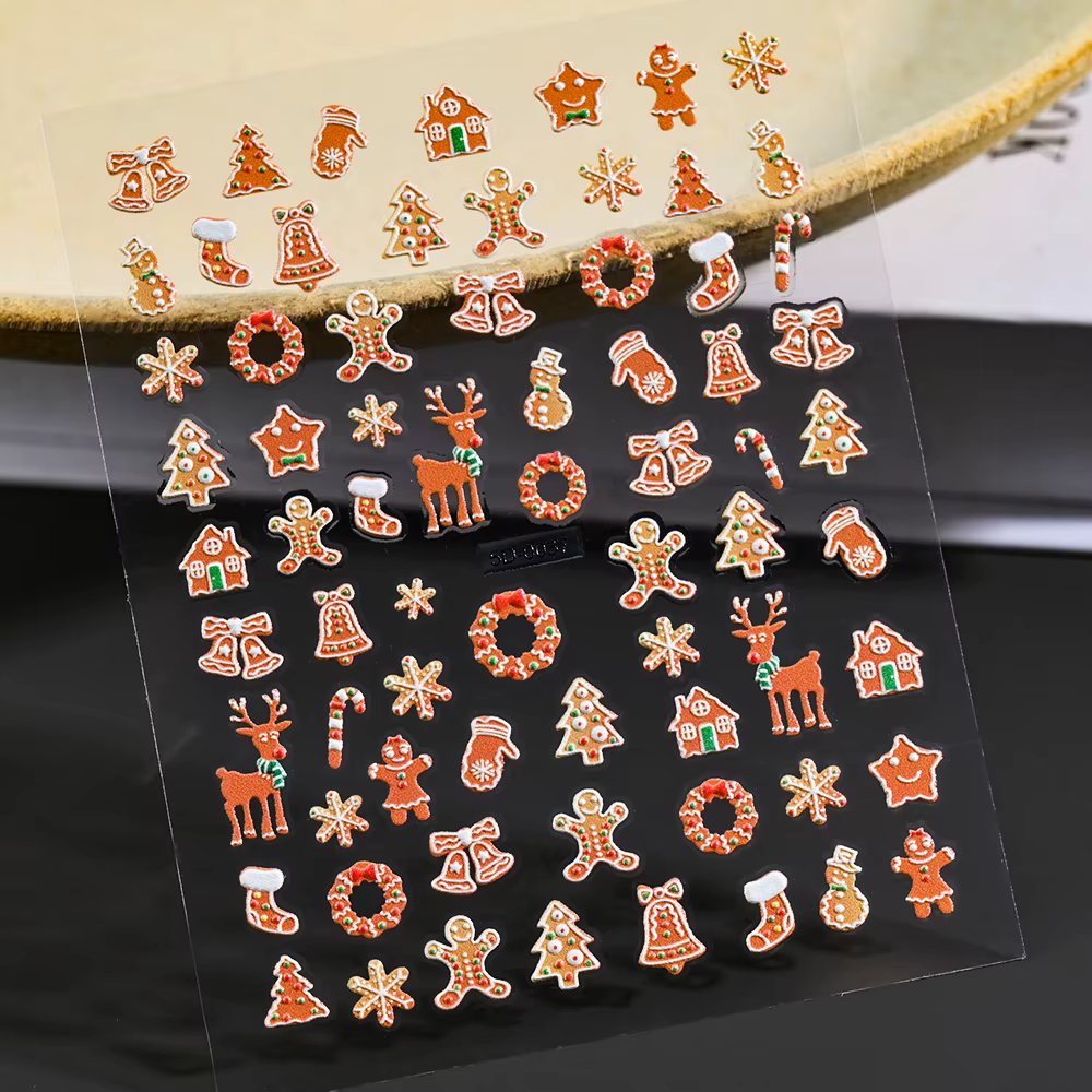 Christmas Gingerbread Man Snowflake 3D Nail Stickers Cute Cartoon Penguin Bell Xmas Sliders Decals Winter Nail Art Decorations