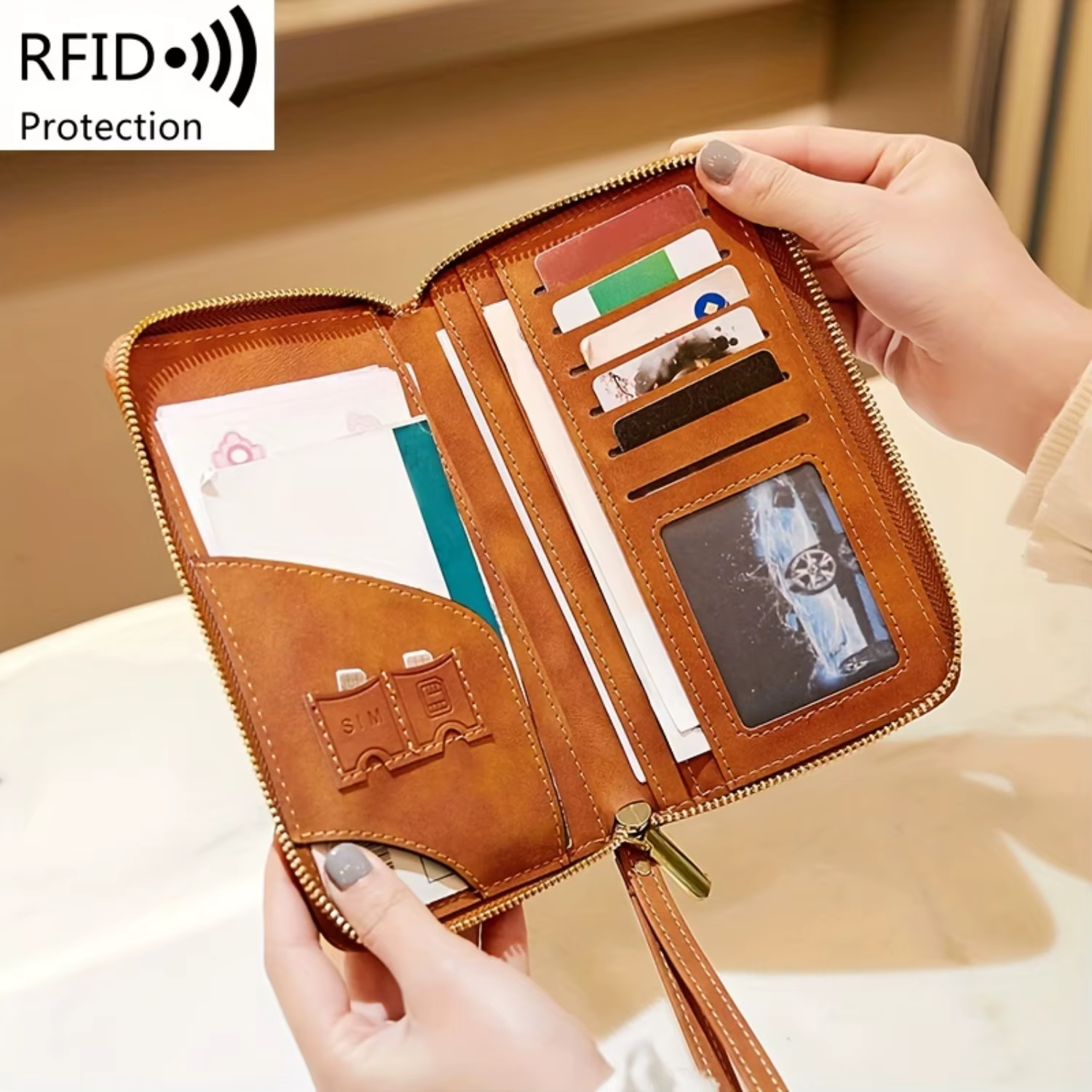 Portable Airplane Passport Holder, Multifunctional Zipper Clutch Long Wallet - Solid Color Travel Essential
