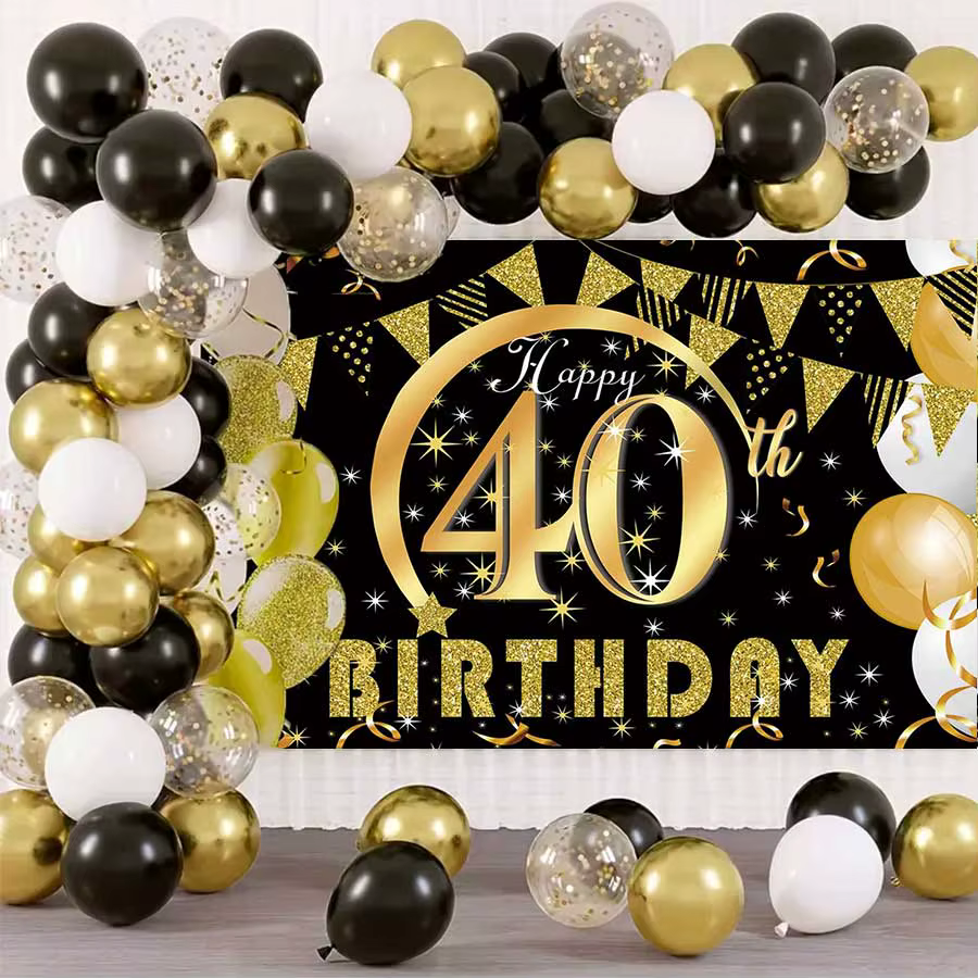 Happy 40th Birthday Photography Background, vinyl and Gold balloon background Birthday Party decoration Cake Table Banner Photo