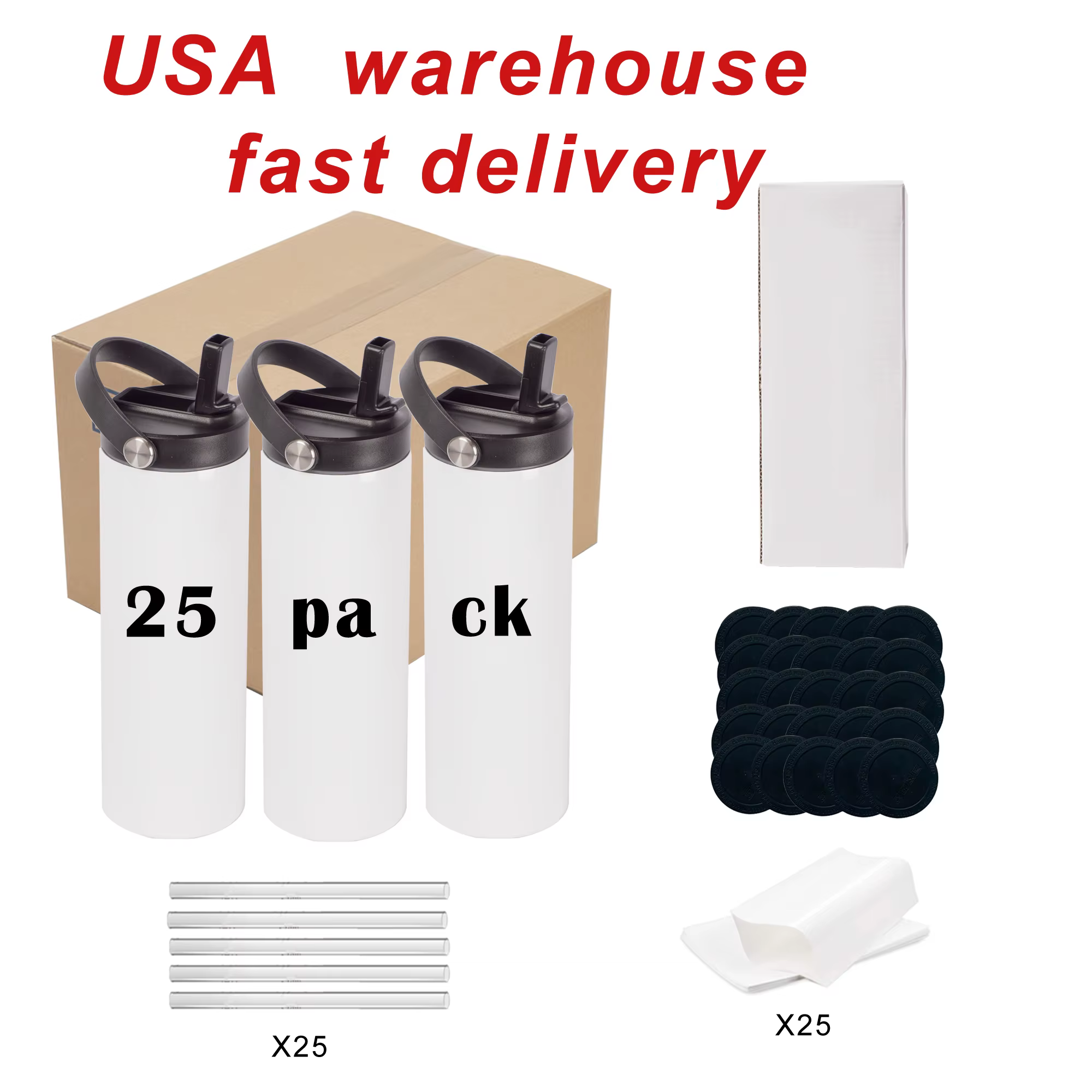 US Stock  25pack  20oz  Sublimation Tumbler  Blanks Straight Skinny  Double Wall Stainless Steel Cup With Sport Lid for DIY