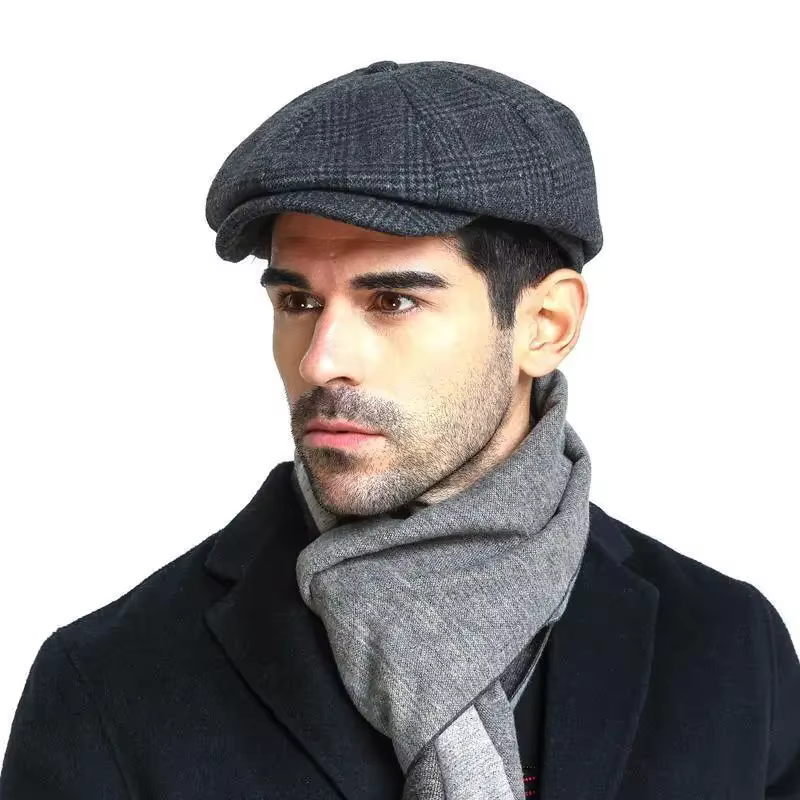 Mens Flat Cap Gatsby Tweed Black Peak Hat Herringbone Newsboy Cap M-XXL