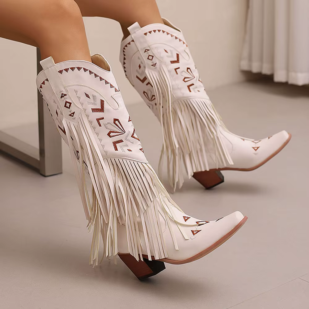 GIGIFOX Retro Tassel Embroidered Cowgirl Mid-Calf Women Western Boots Pointed Toe Chunky High Heel Cowboy Cool All-Match Shoes