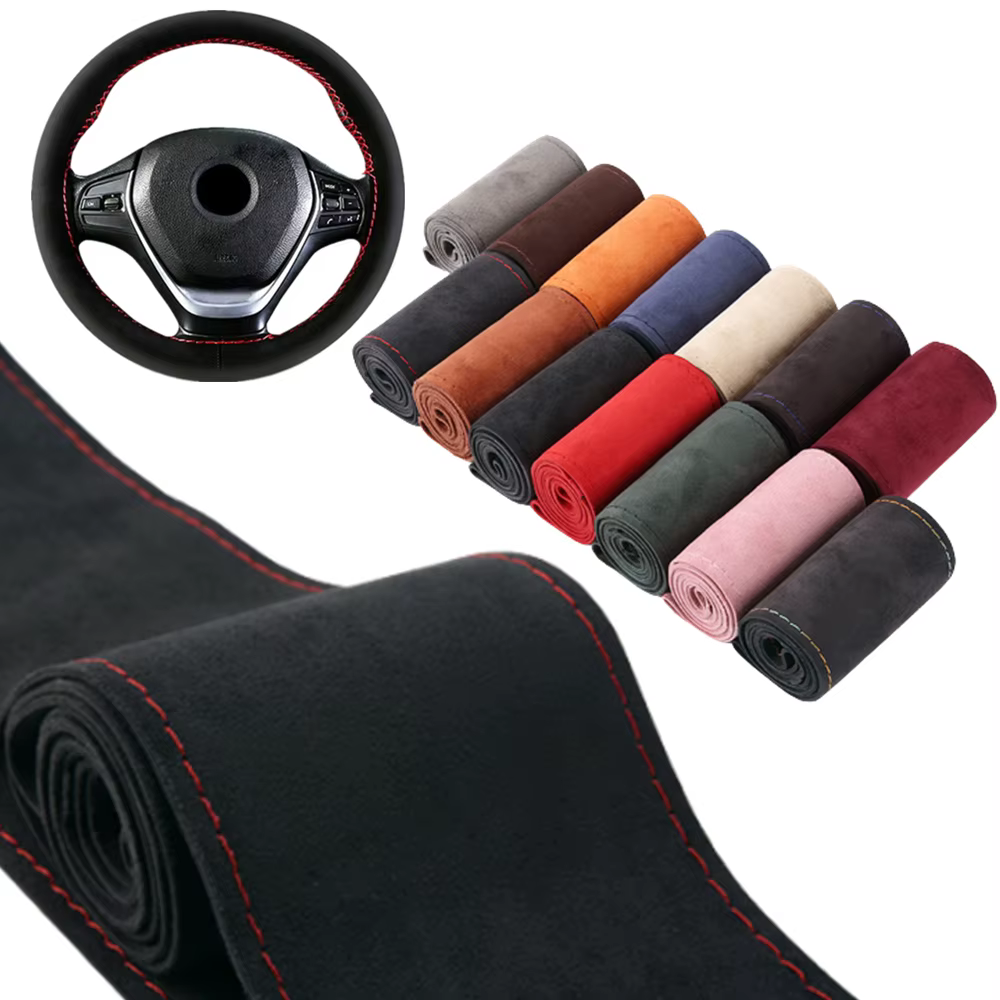 Flocking Leather Car Steering Wheel Cover Stitch Universal 38cm Car Wheel Protector Suede Anti Slip DIY Decor Auto Accessories