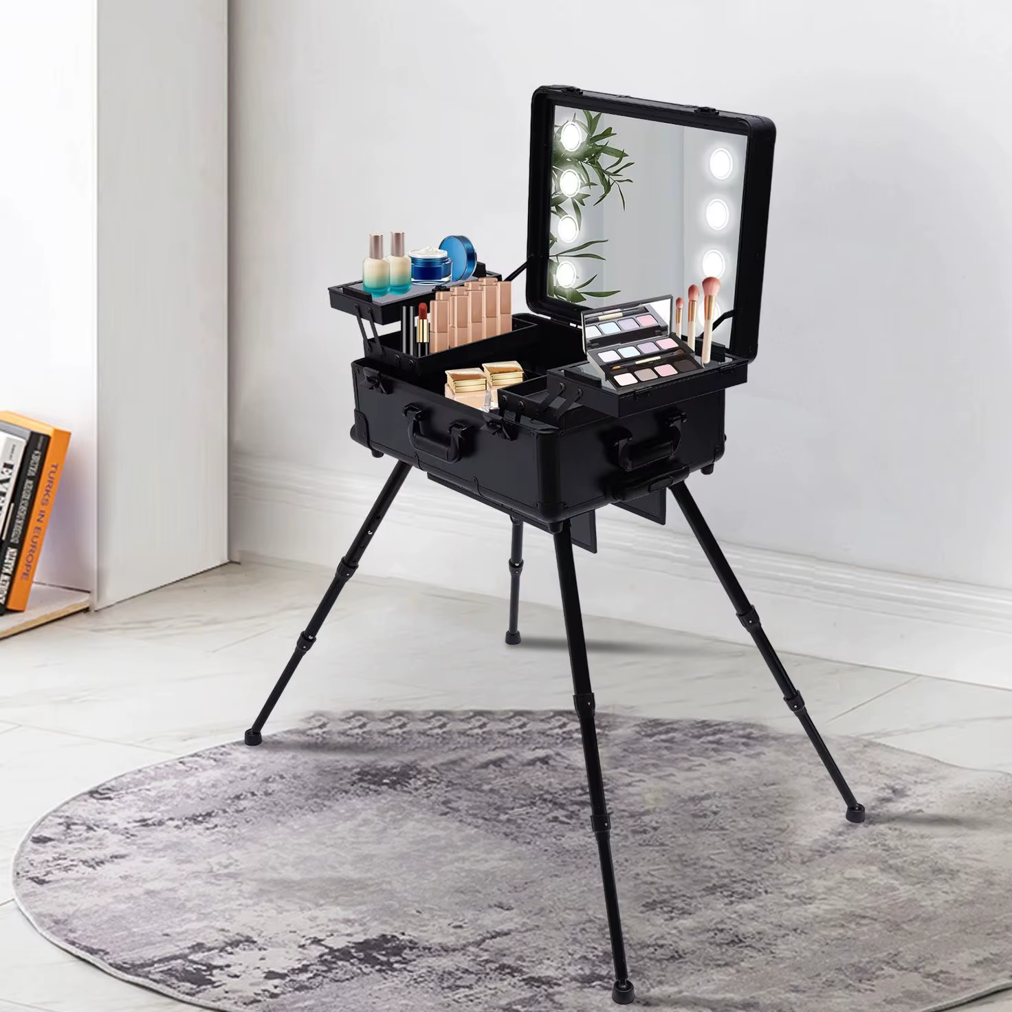 Professional Rolling Cosmetic Case Beauty Makeup Trolley suitcase LED Light Mirror Luggage Aluminum frame Folding table