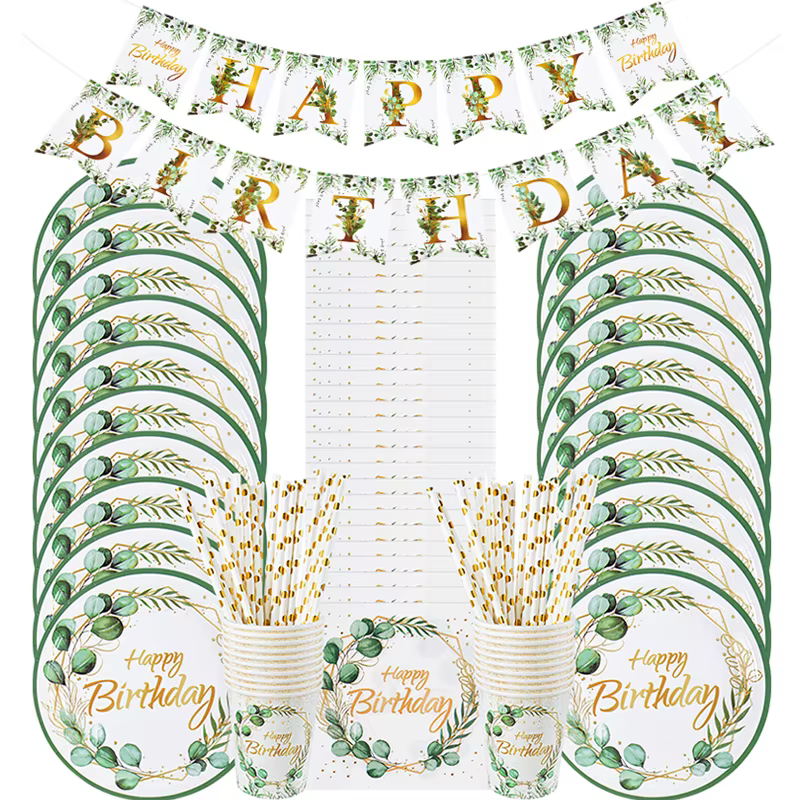 Green Eucalyptus Leaf Disposable Tableware Paper Plate Cup Napkin Banner Kids Adult Happy Birthday Birthday Party Decor Supplies