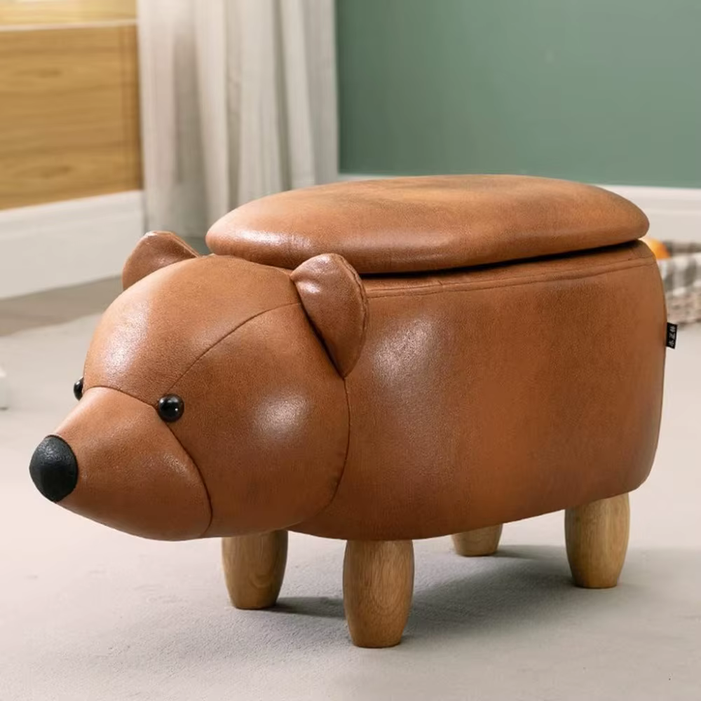 Ottoman Storage Stool Shoe Bench Bear Children's Stool Animal Footstool Solid Wood Shoe Changing Stool Living Room