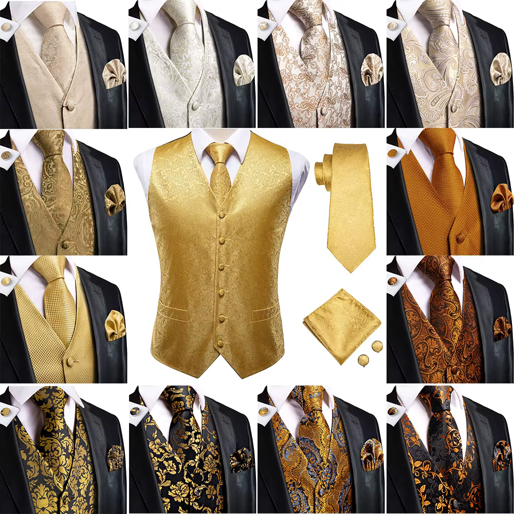Fashion Silk Vest For Men Classic Gold Champane Yellow Waistcoat Jacket Tie Hankerchief Cufflinks Sets Dress Suit Wedding Hi-Tie