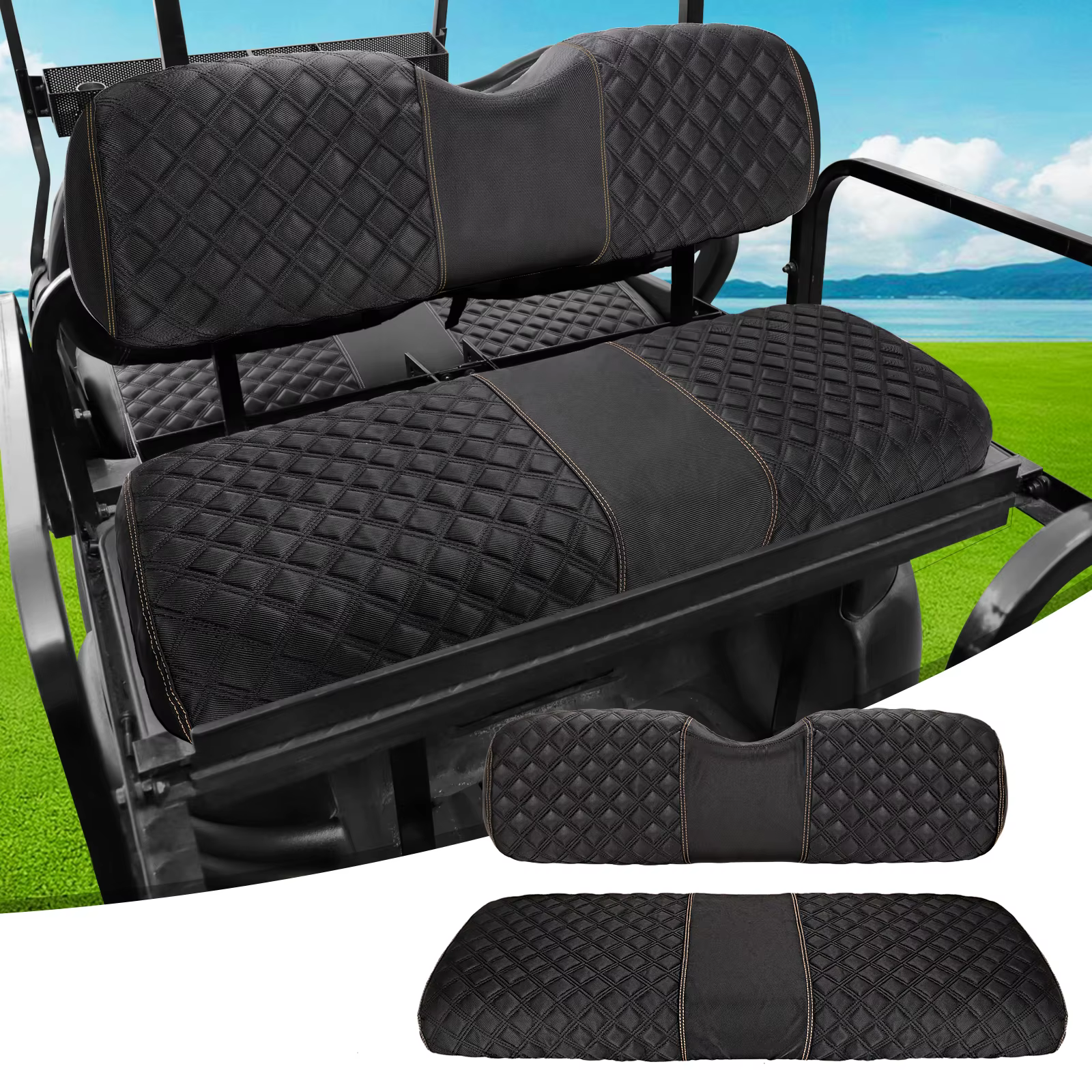 Roykaw 1680D Oxford Fiber Golf Cart Seat Covers Fit for Aftermarket Rear Seat, Backrest Bottom Seat Cover, No Drilling Required