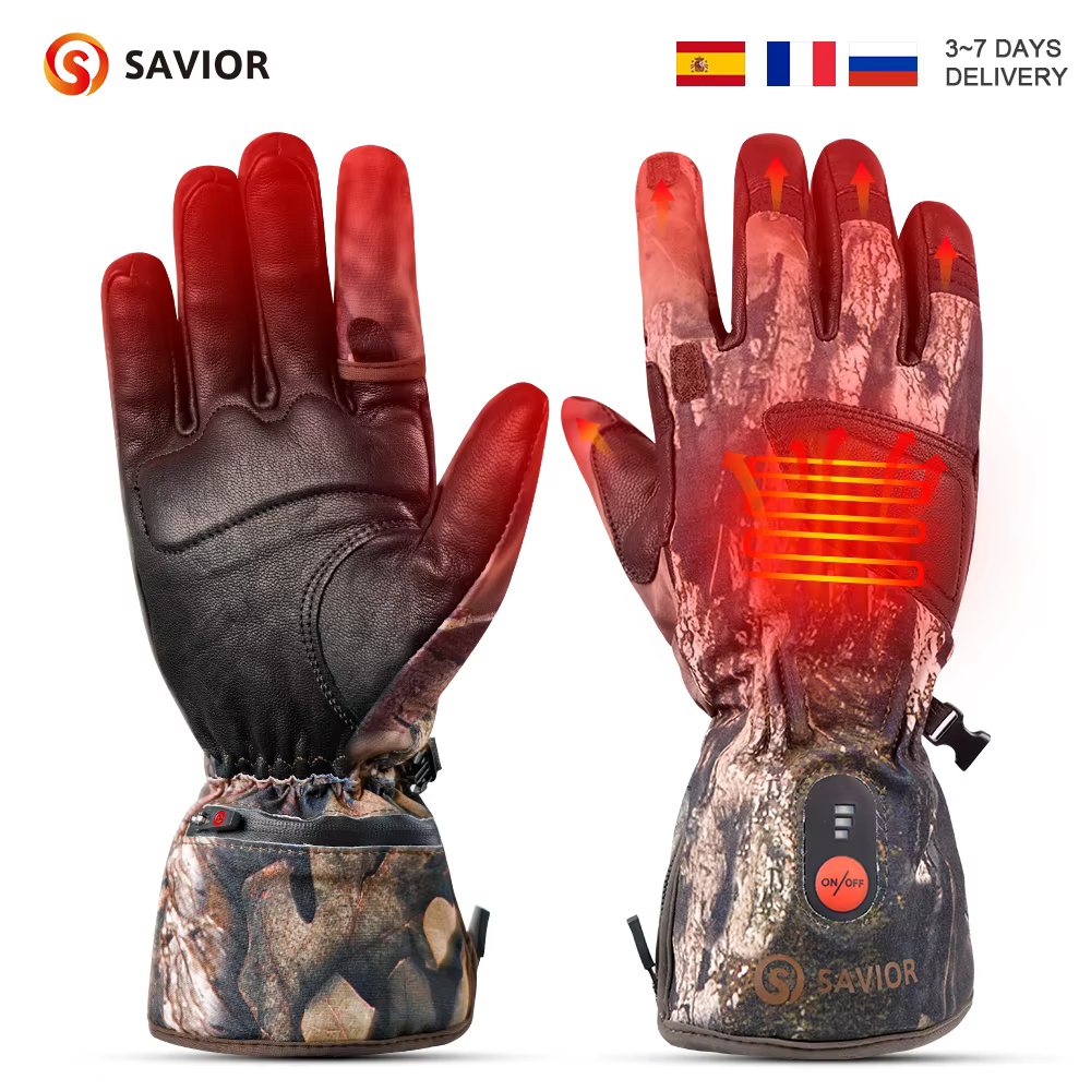 Savior Heat With Batteries Heated Motorcycle Gloves Goatskin Leather Fingers Separated Touch Screen Gloves Gants Motorcycle Soft