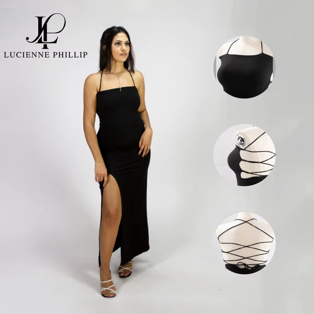 NOVO Vestido Longo Costas Trançadas Feminino Colado com fenda Trançadas Elegante Empina Bumbum Vestido de Festa