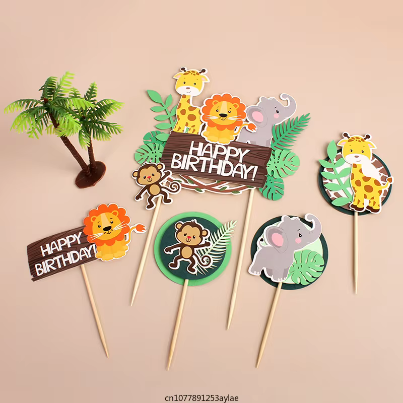 Wild Amimals Cake Topper Safari Jungle Animal Cake Flag Palm Leaves Boy Girl Birthday Party Decoration Kid Forest Party Supplies