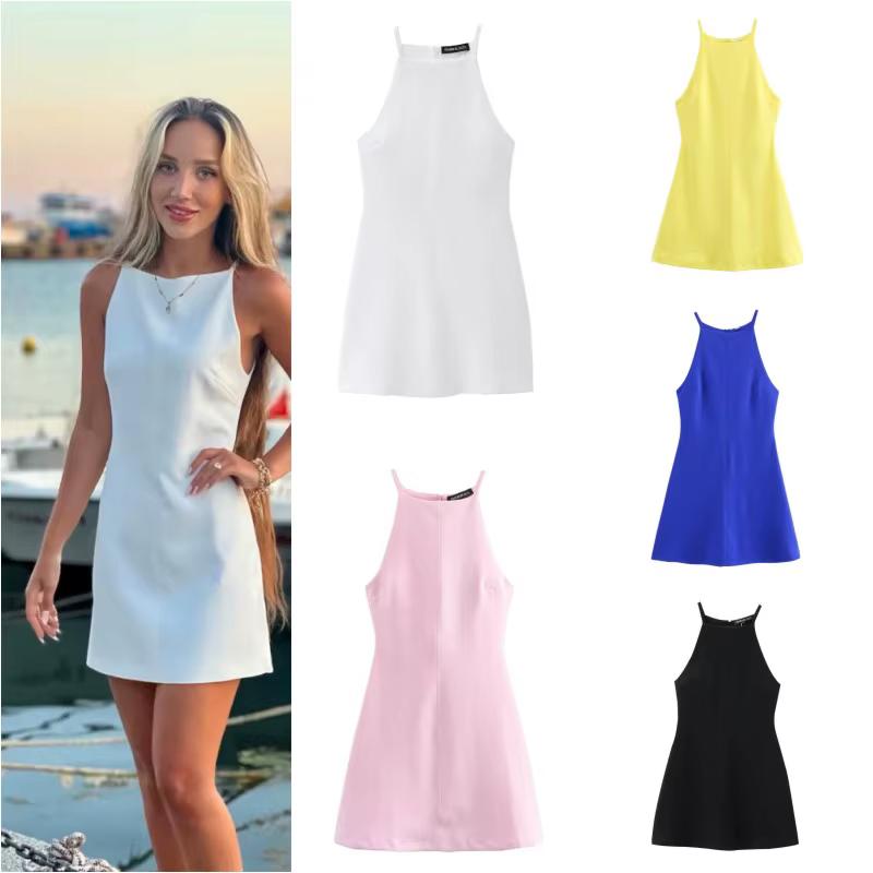 Interlock halter Dress 2024 TRAF's new sexy sleeveless A-line fitted dress is made of stretchy and flexible knitted fabric