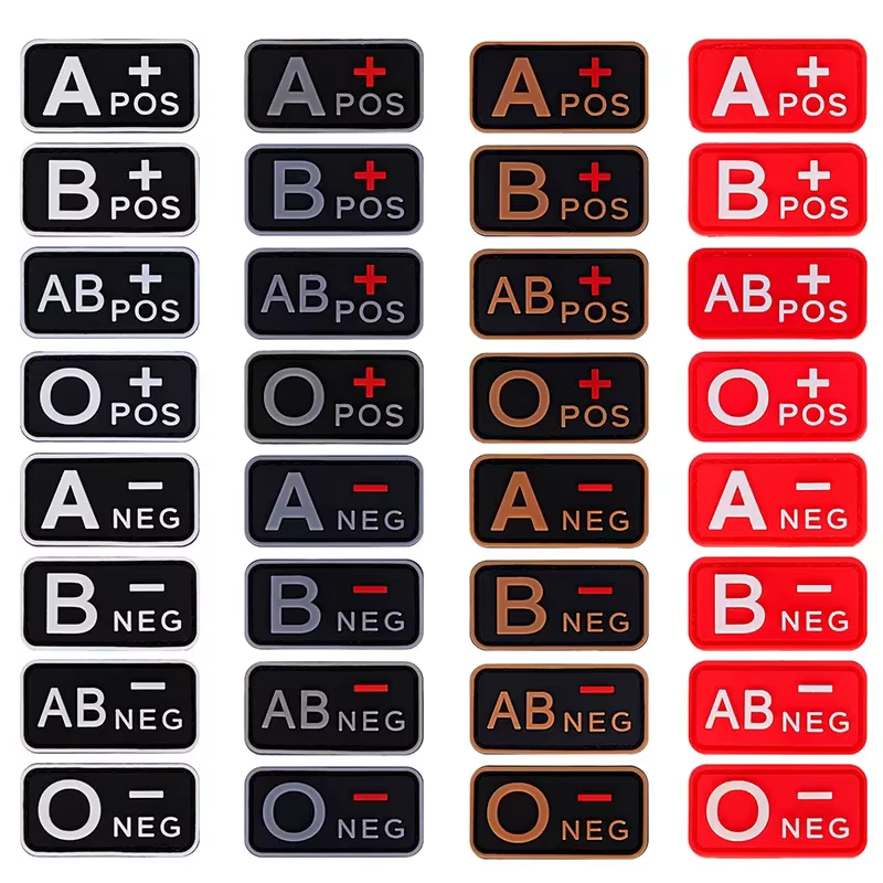 3D PVC Blood Type Patch 8 Types Optional Night Luminous Hook Loop Stickers First Aid Medical Badges for Military Uniforms Bags