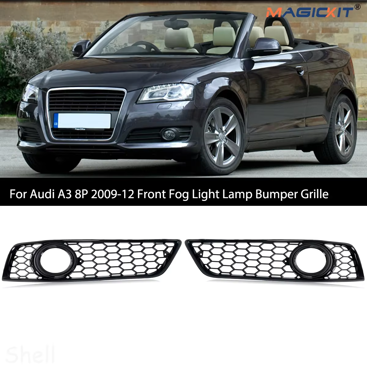 MAGICKIT For Audi A3 8P 2009-2012 (With the fog light hole) Front Fog Light Grille Gloss Black Honeycomb Style Accessories