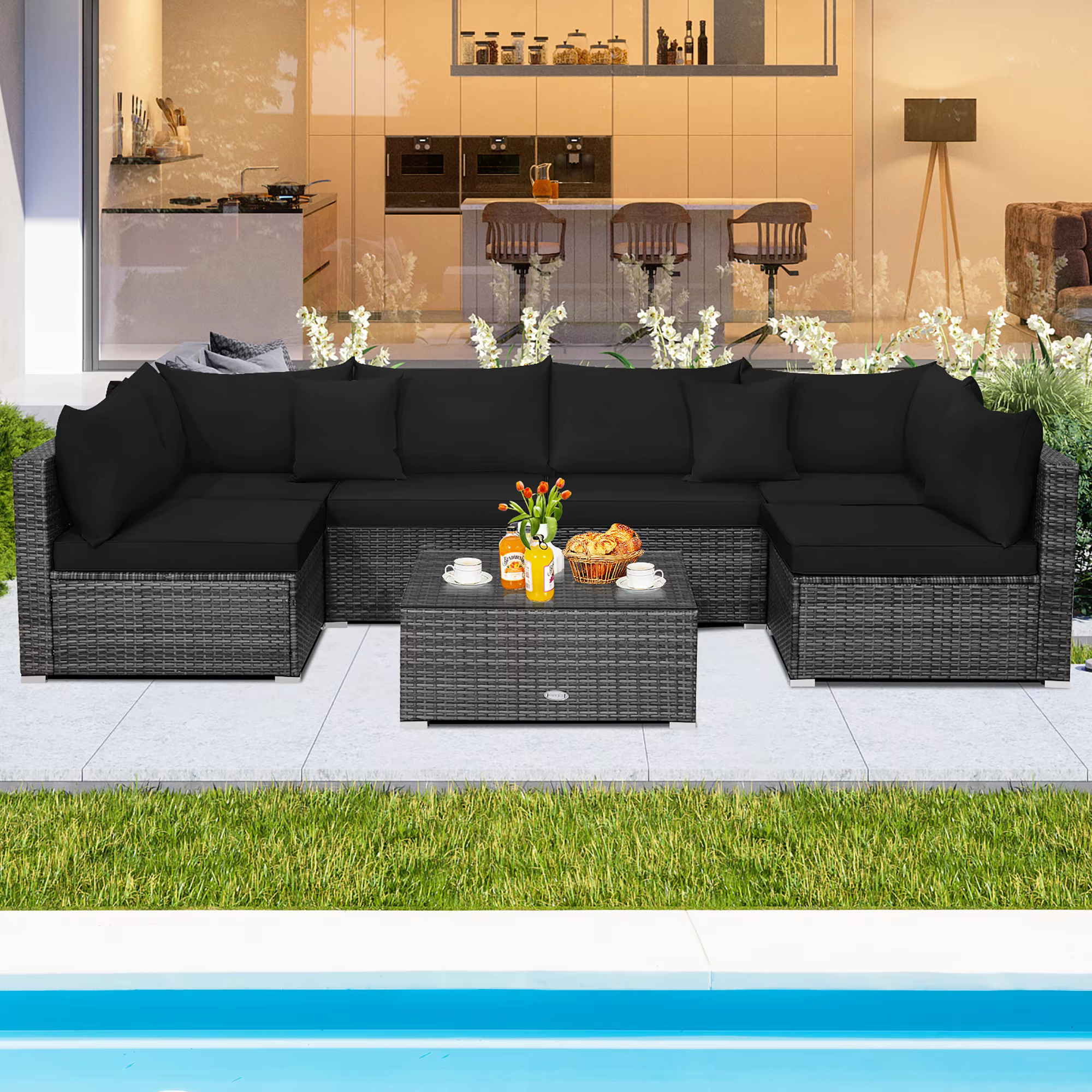 7PCS Patio Rattan Furniture Set Sectional Sofa Cushioned Garden Black