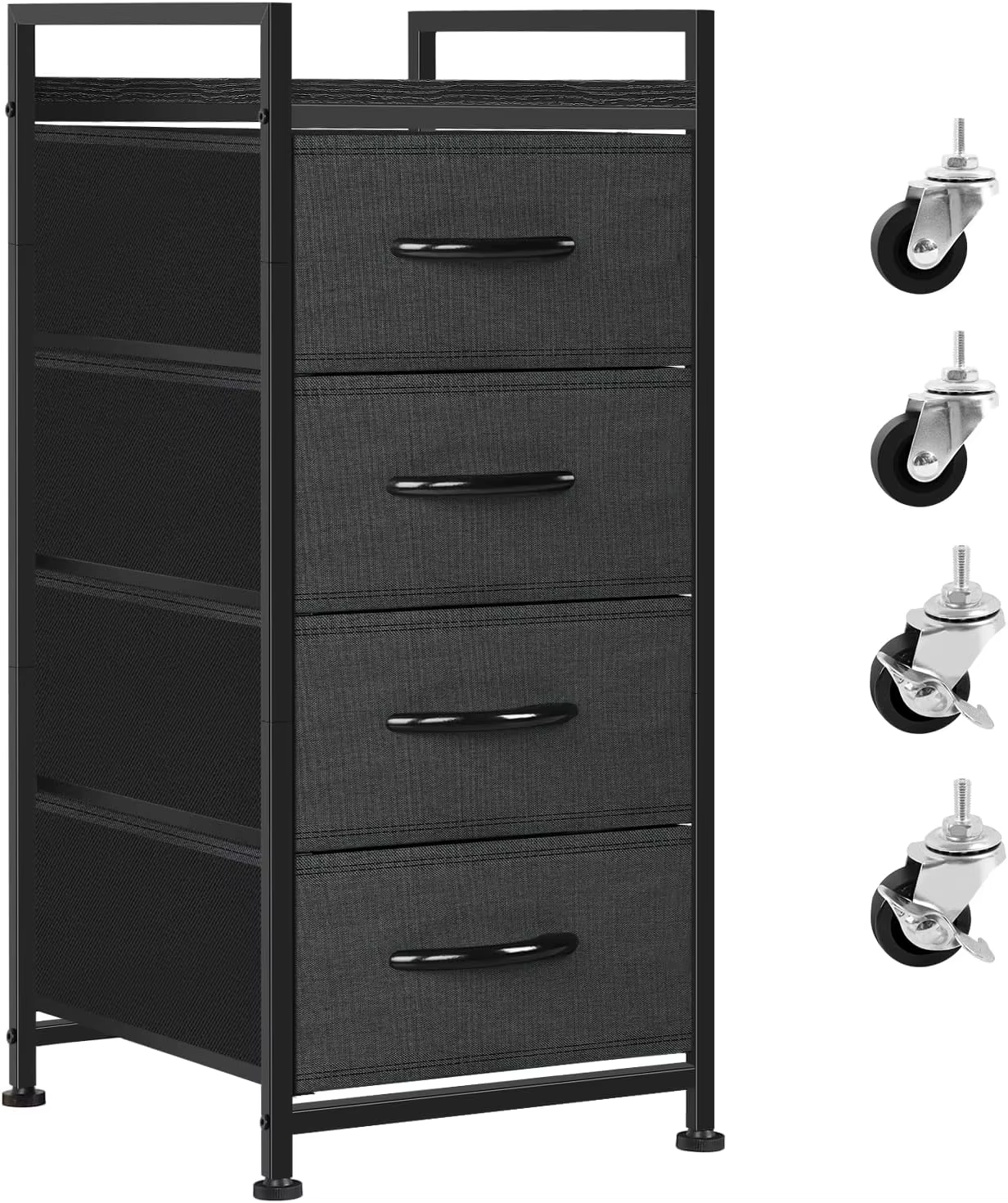 Fabric Storage Dresser Bedroom 4 Drawer Storage Organizer Unit Vertical Drawer Small Nightstand with Rolling Casters (Dark Gray)