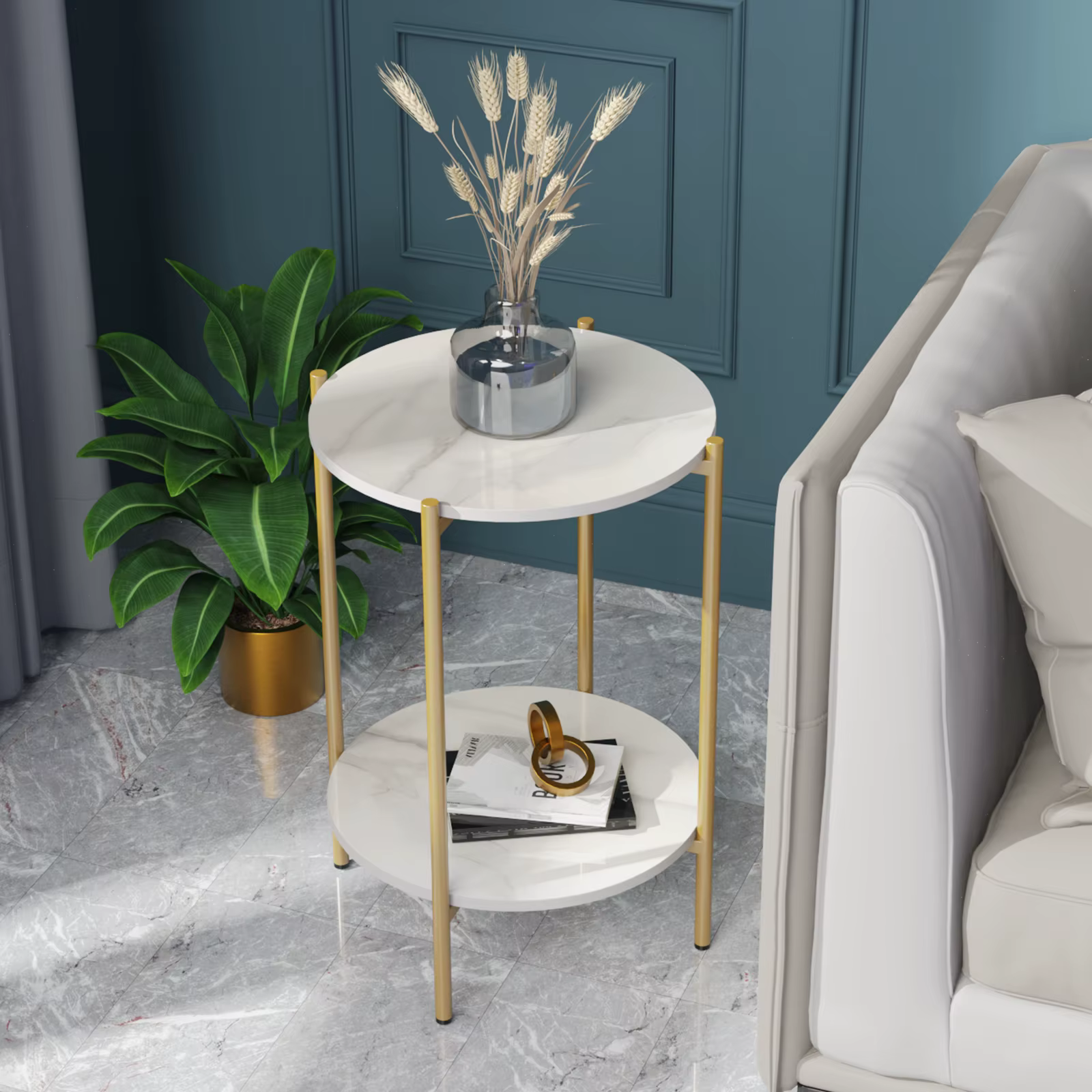 2 Tiers Solid Marble Sofa Side End Coffee Table Living Room Bedroom Round Nesting Table Nightstand Metal Frame