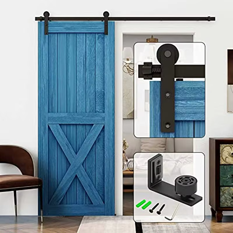 Sliding Barn Door Hardware Whole Kit + Adjustable Wall Mount Floor Guide Easy to Install Black Good Quality