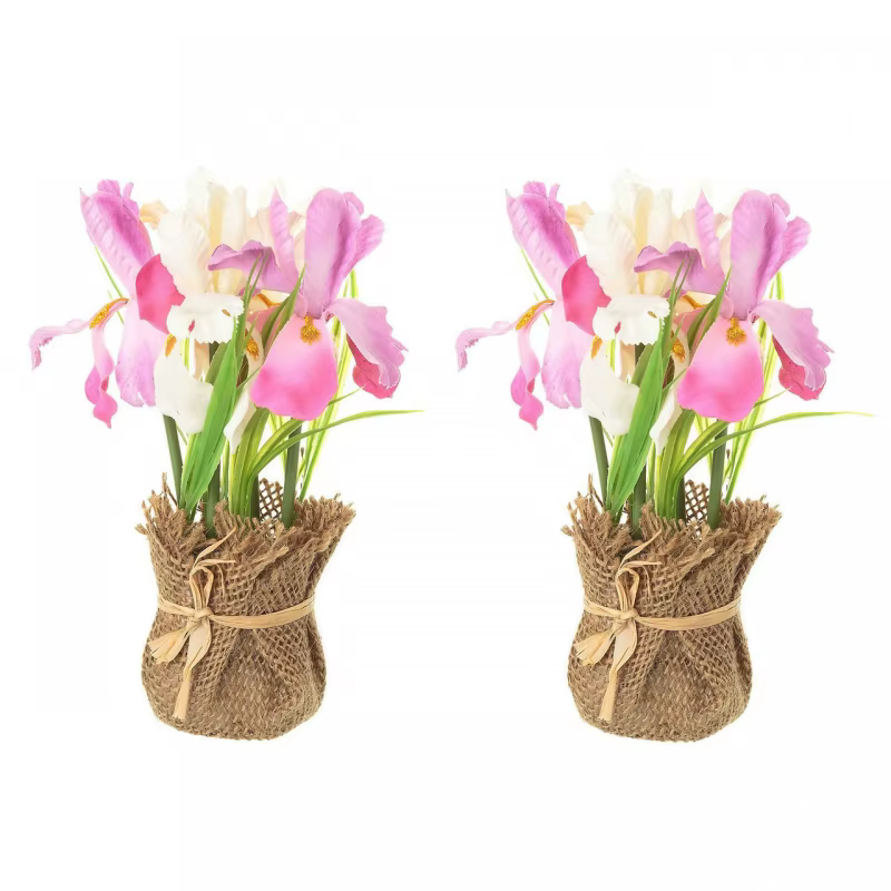 Floral ornaments Pack 2 iris plant decorated sackcloth pot. 48778