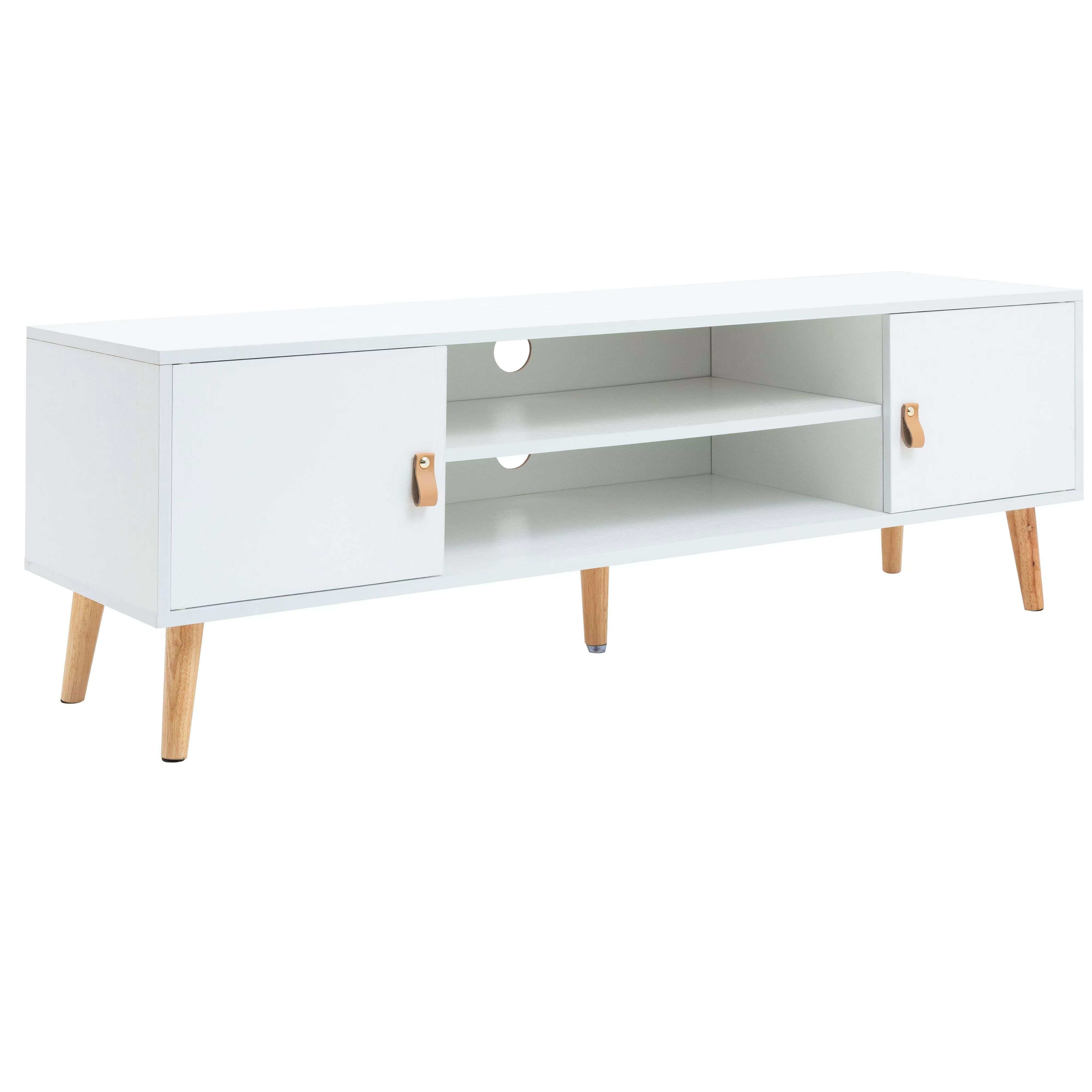 Miroytengo Anzio TV cabinet with 2 doors, 1 shelf and legs of matte white pine wood, made of melamine 140 cm