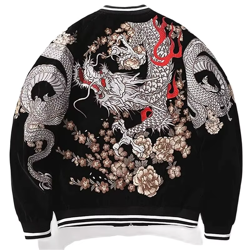 Boy Men Sukajan Souvenir Jackets Coiled Dragon Peony Embroidered Loose Coats Hip Hop Streetwear Red Black Stripe High Street