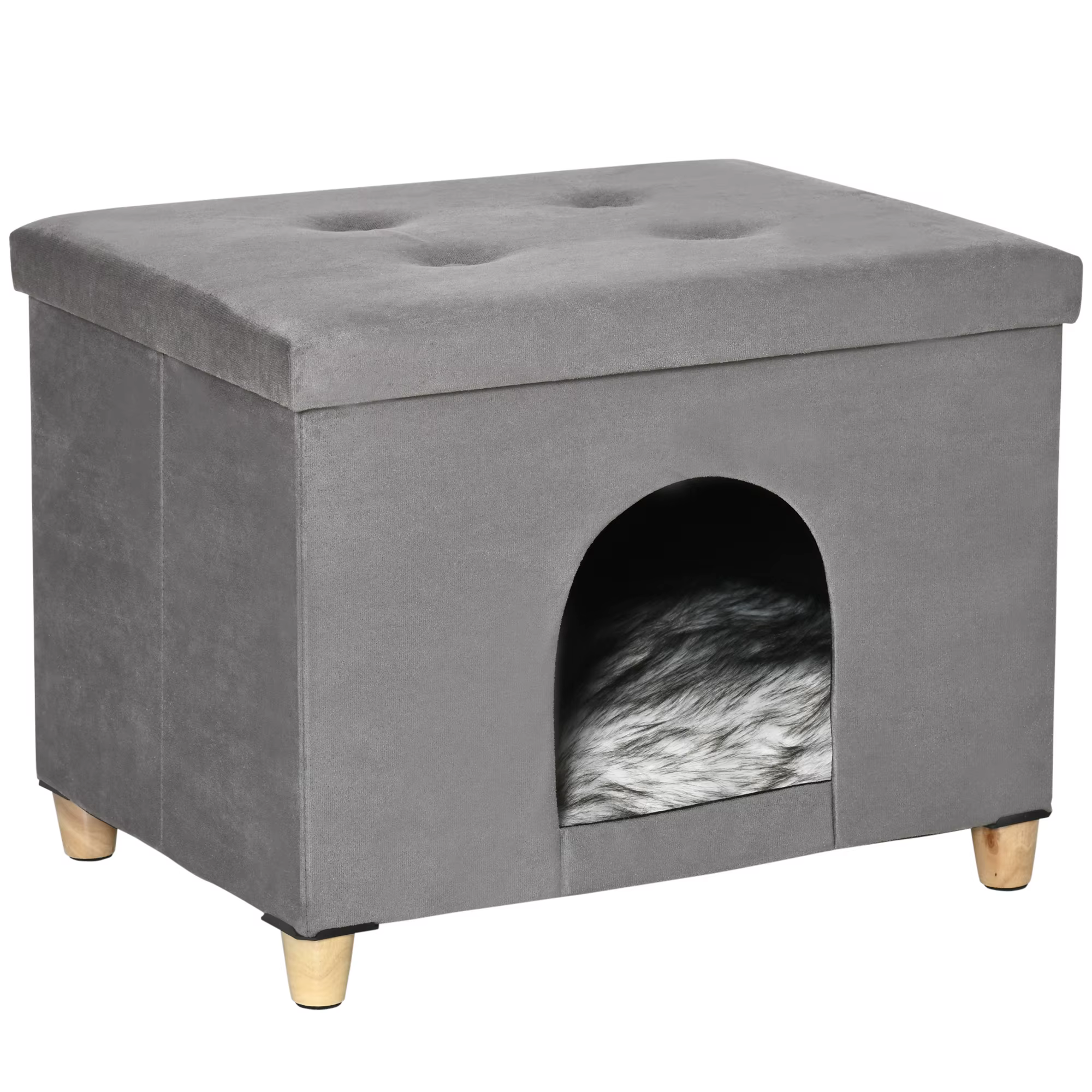 PawHut cat cave folding 2 in 1 footrest with removable lid washable cushion and raised wooden leg 60x45x44,5 cm Gray