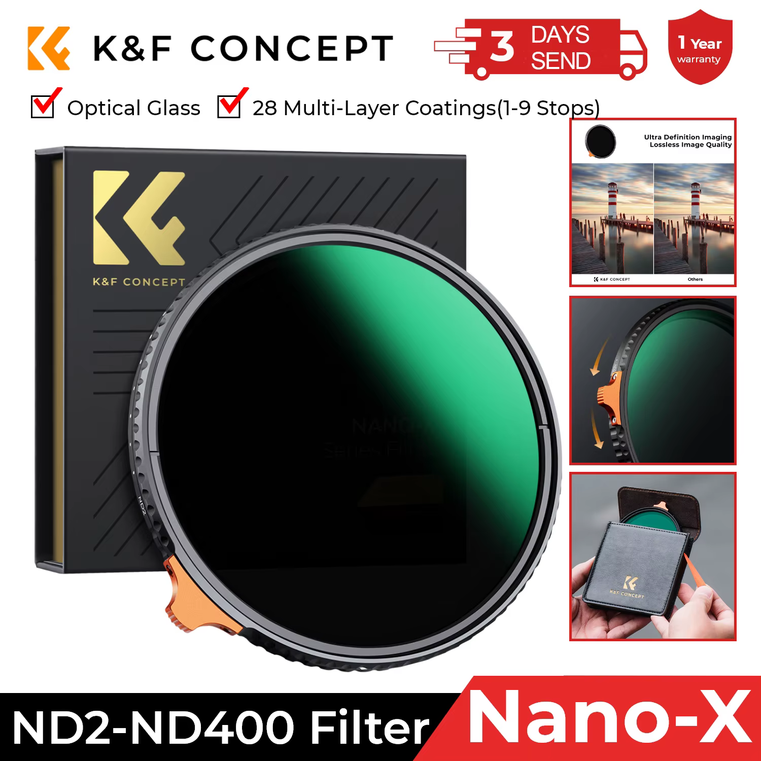 K&F Concept ND2 to ND400 Lens HD ND Filter Fader Easy to Variable Adjustable Neutral Density 49mm 52mm 58mm 62mm 67mm 77mm 82mm