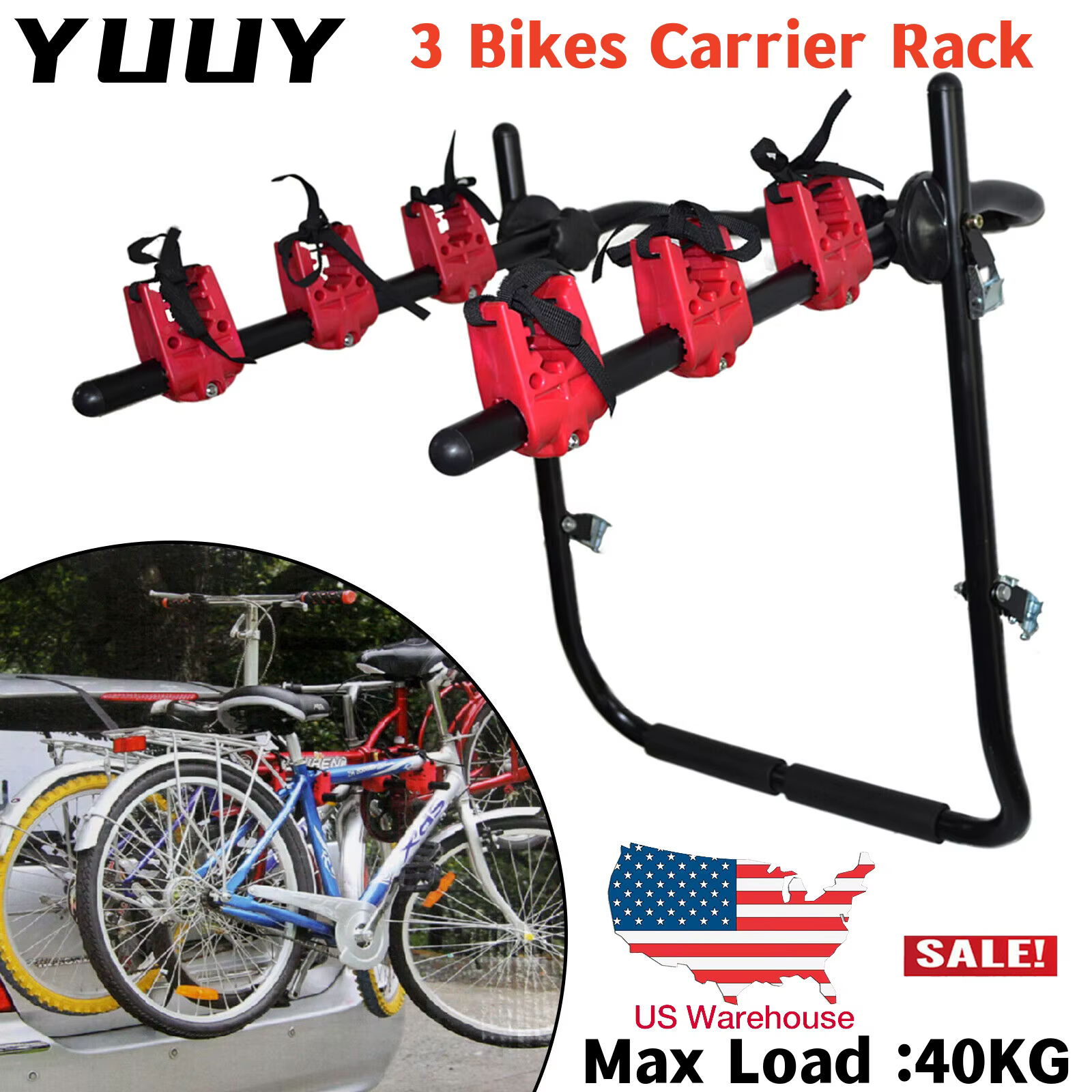 Steel U-Rack for Bicycle and Car, 3 Bikes, Trunk Mount, Rack Holder Stand, SUV Rear Rack, Sturdy Suspension, MTB Bike Carrier