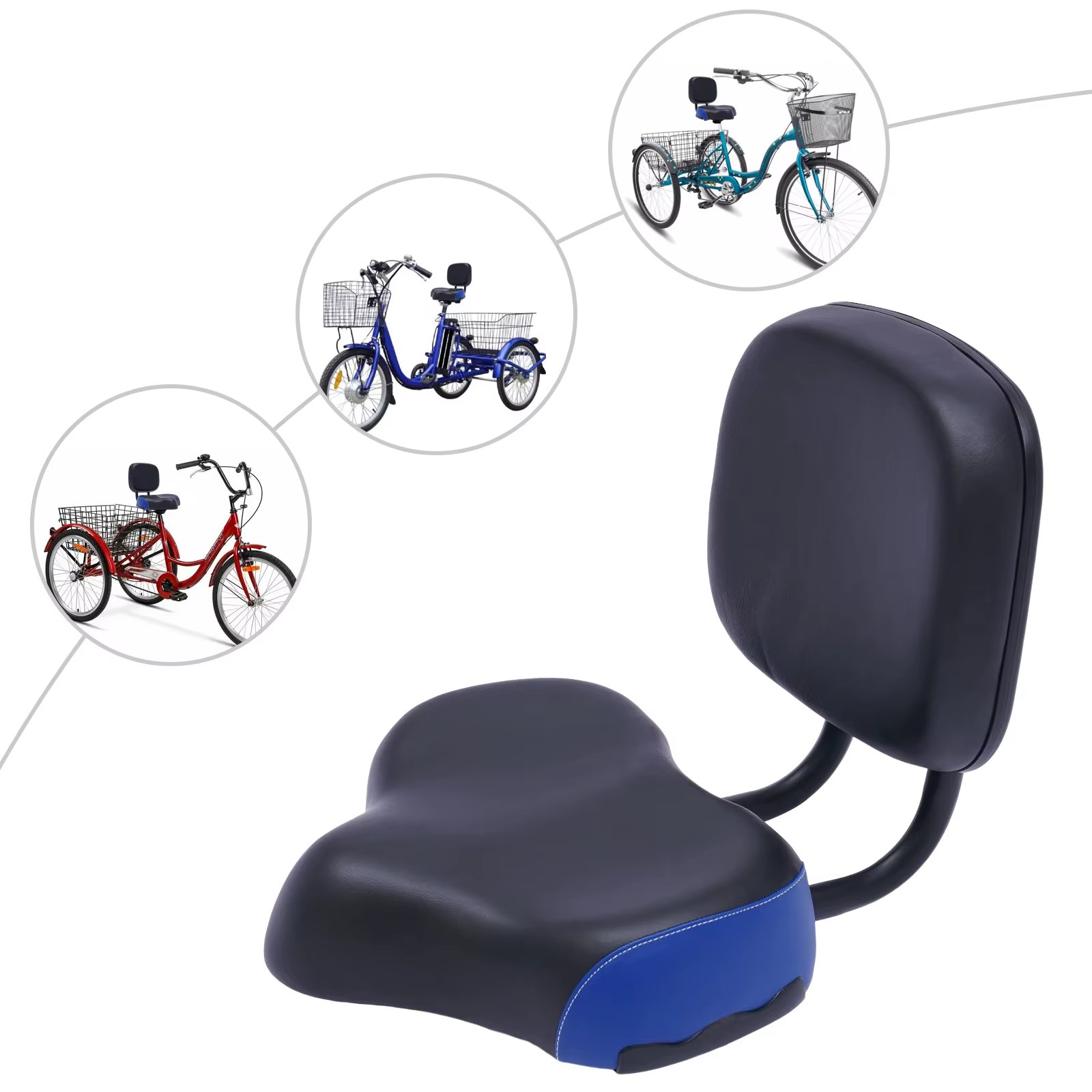 Adjustable Bike Saddle with Backrest Replacement Soft Back Rest PU Cushion for Mountain Bike Tricycle Black Grey Red Blue