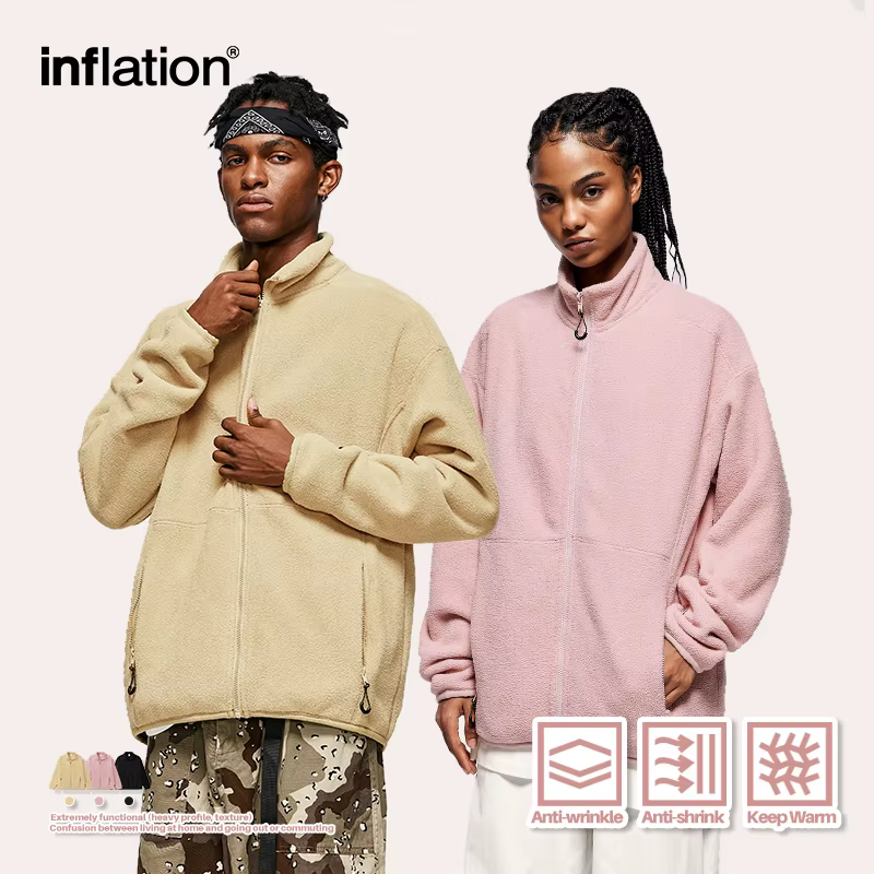INFLATION Solid Zip Up Fleece Jacket Unisex Stand Collar Warm Thermal Soft Inner Jacket Mens Comfortable Coat