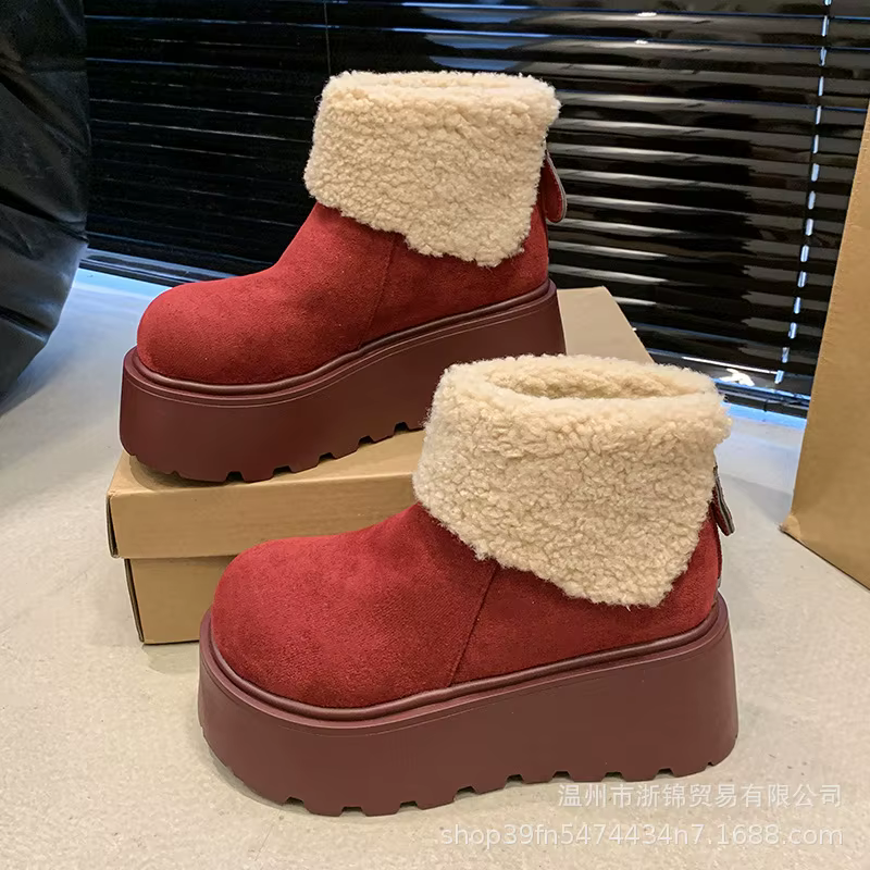 Wool Shoes for Women Winter Women's Boots Black Round Toe Solid Flock Plush Warm Mid Heel Water Proof Casual Snow Boots Women