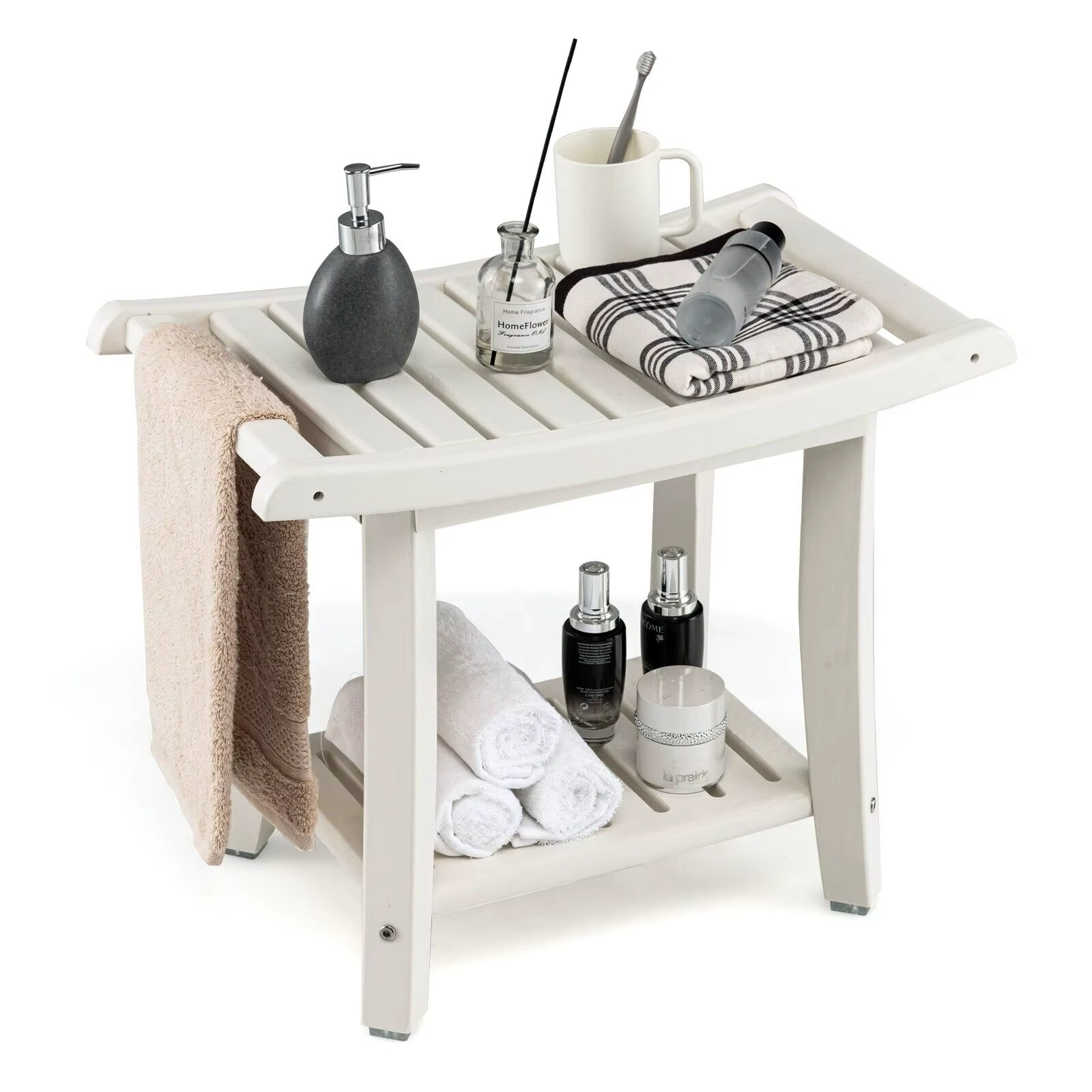 ERGOMASTER Corner Shower Bench Stool Bathroom Seat 2-Tier Storage Shelf Bathroom Foot Rest