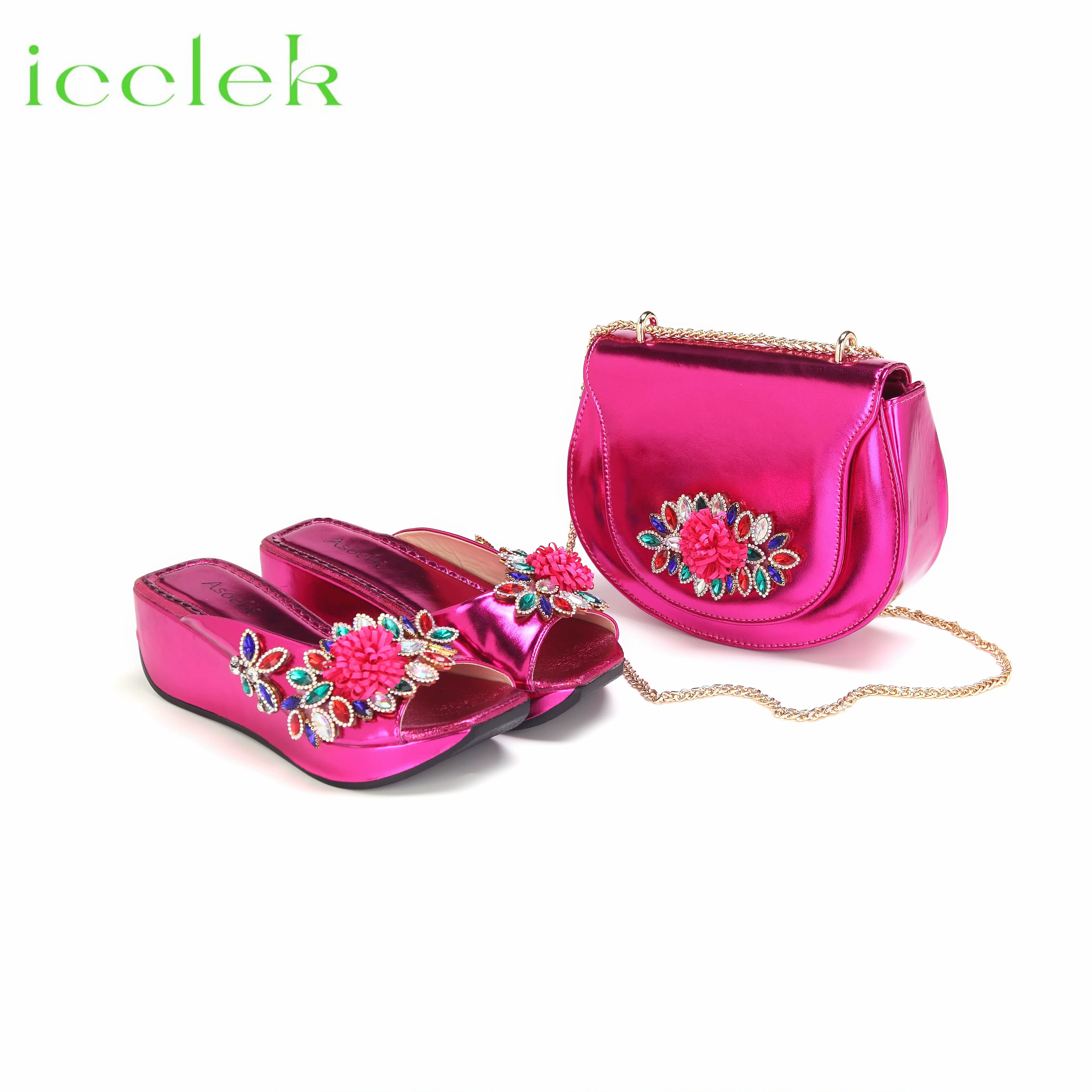 2024 High Qiality Peep Toe Flower Design Slipper with Bag Set For Women Wedding Party Pump in Fuchsia Color