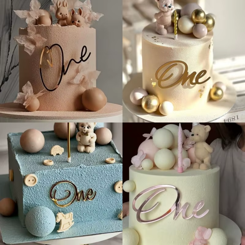 INS Baby "One" Acrylic Happy Birthday Cake Toppers Gold Baby Birthday Cake Topper for Kids Birthday Party Cake Decorations