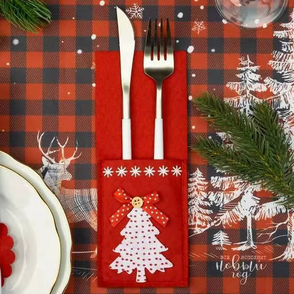 4PCS Christmas Knife and Fork Holder Santa Claus Snowflake Elk Xmas Tree Pocket Cutlery Bag Non-woven Fabric Tableware Organizer