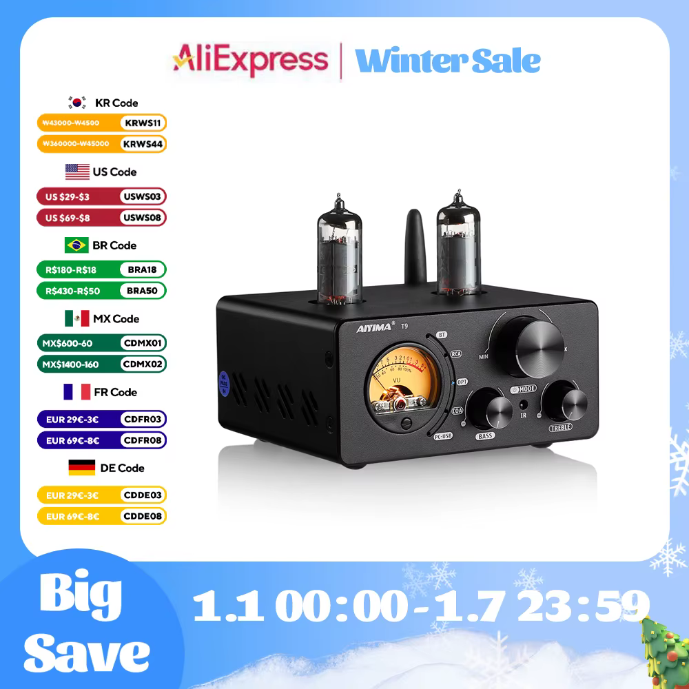 AIYIMA Audio T9 Bluetooth 5.0 Vacuum Tube Amplifier USB DAC Stereo Receiver COAX/OPT HiFi Home Audio Digital Amp w/VU Meter 100W