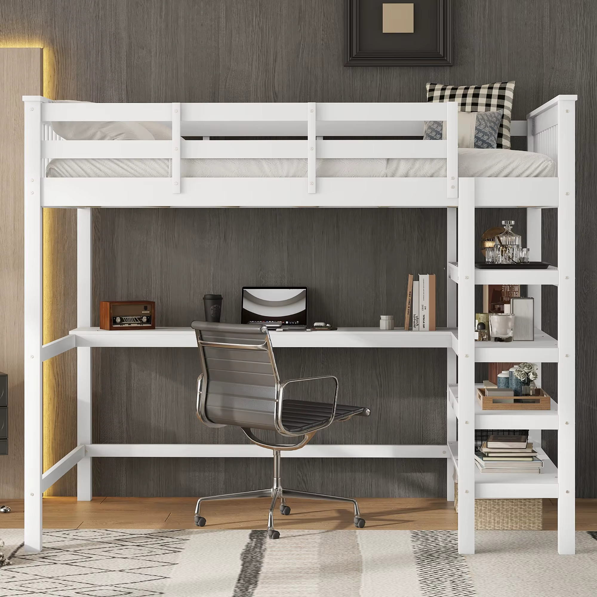 Stylish Children's Loft Bed with Storage Compartments and Underbed Desk, Pine Wood & MDF Bed Frame for Bedrooms or Shared Spaces