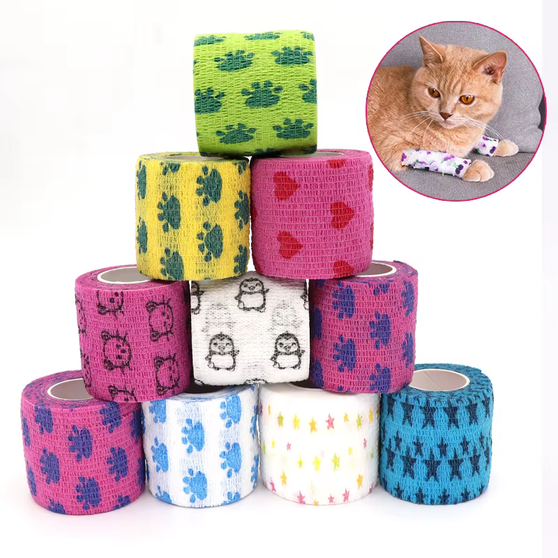 6 Pcs Pet Cat Claw Elastic Bandage Non stick Hair Printed Colorful Anti Dirty Foot Self Stick Strap for Home and Outdoor Use