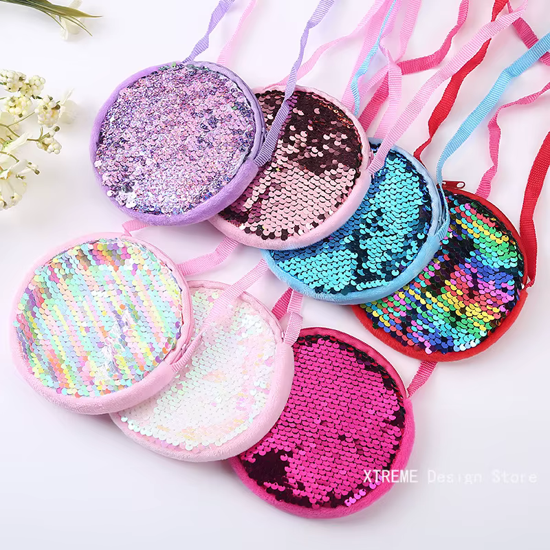 Kids Girls Mini Crossbody Bag Sequins Handbag Shoulder Bag For Little Girls 2024 Fashion Round Shaped Wallet Clutch